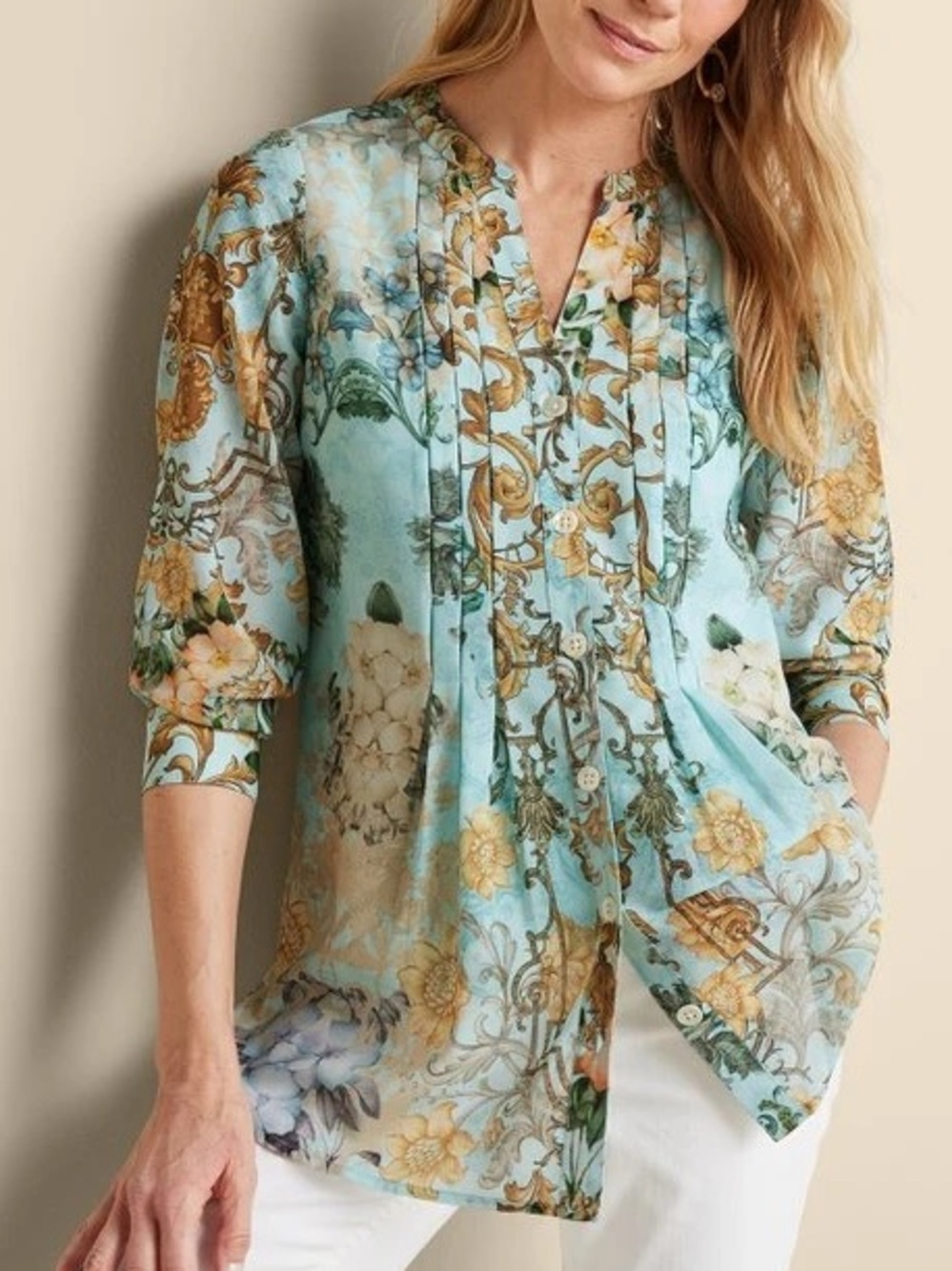 Soft Surroundings Women M Multi Floral Pleated Baroque Top & Cami Blouse NWT